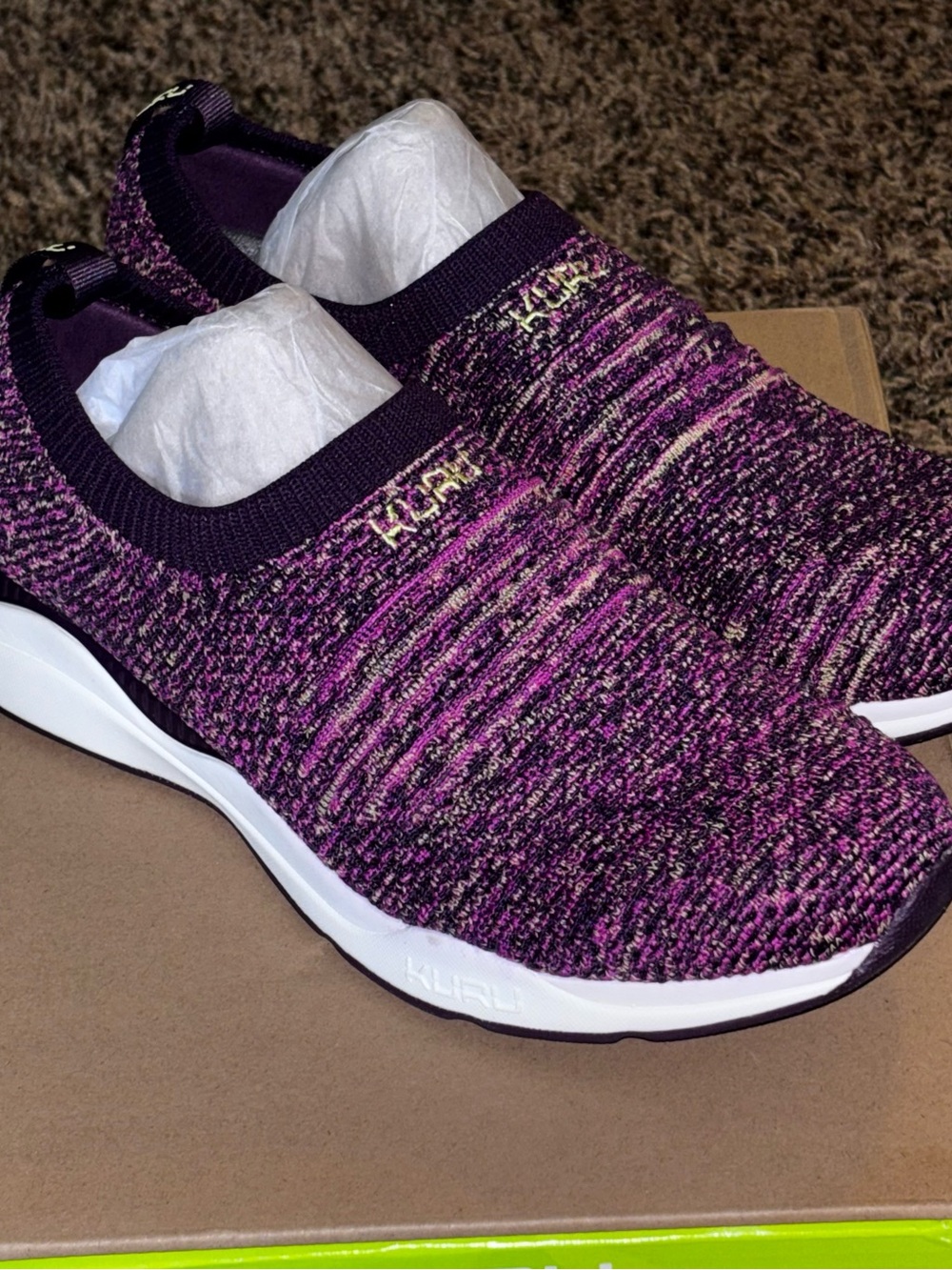 Kuru Stride Women 9 Slip On Walking Shoes Berry Purple Gold Knit Sneakers NEW